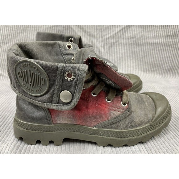 Palladium Boots Womens 6.5 Red Plaid Distressed Canvas Fold Over Gray Baggy Look - Picture 2 of 13